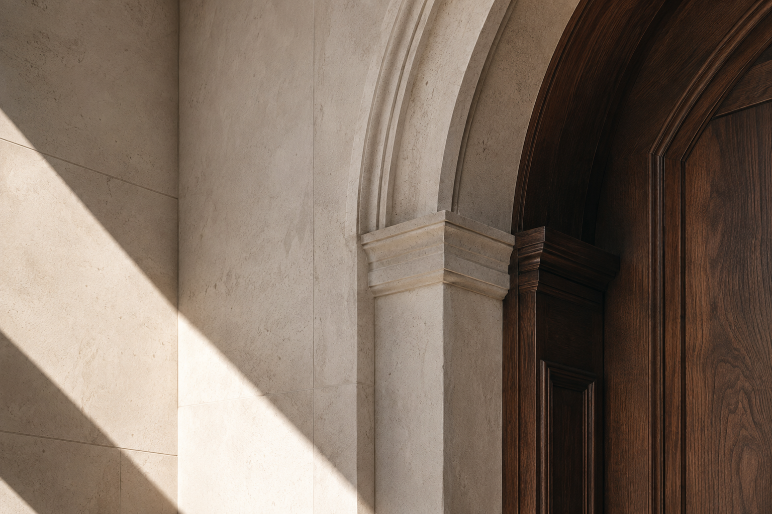 Limestone arch and walnut architectural detail